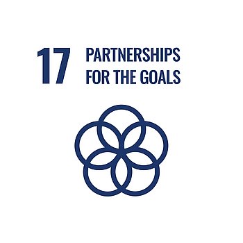 Logo of Sustainable Development Goal (SDG) 17: Partnerships for the Goals, with an inverted design, featuring a blue circular symbol on a white background.